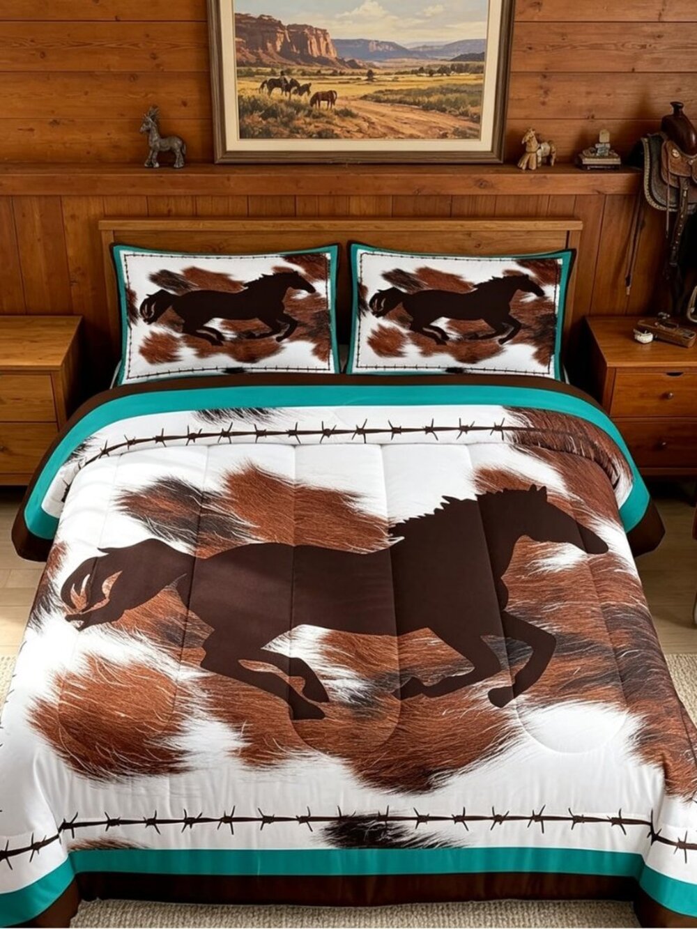 Horse Cowboy Cowhide Comforter Set Full Size Boys Girls Bedding